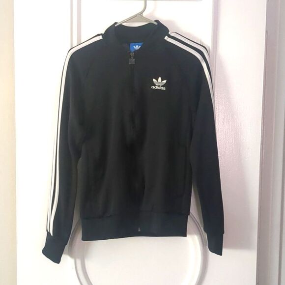 Adidas Black 3 Stripe Track Jacket Small Full Zip Front 2 Pockets Light Unisex - Picture 1 of 11
